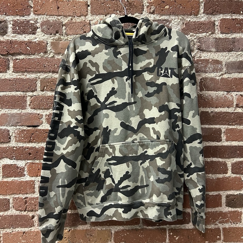 CAT Caterpillar Mens XL Camo Trademark Banner Pullover Hoodie Sweatshirt Heavy